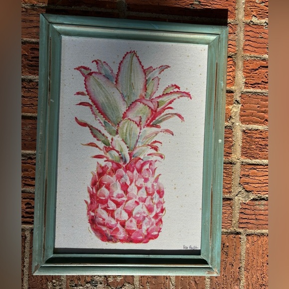Lisa Audit Gracefully Pink XI Pineapple Print on Canvas in Green Wood Frame - Picture 1 of 6